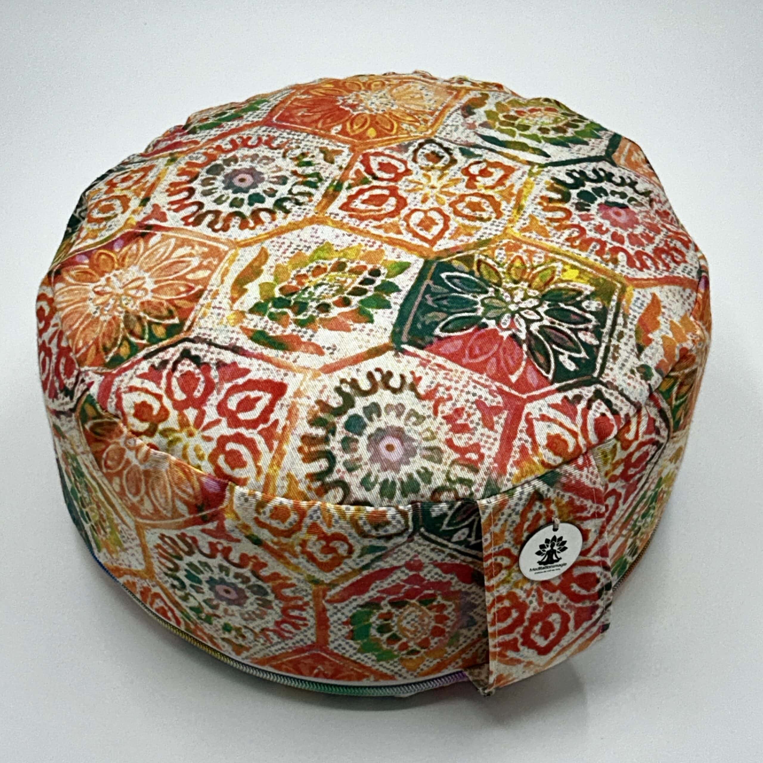 Meditationssitzkissen geometrisches Blumenmuster/Sacralchakra ORANGE/GRÜN Oeko-Tex 100