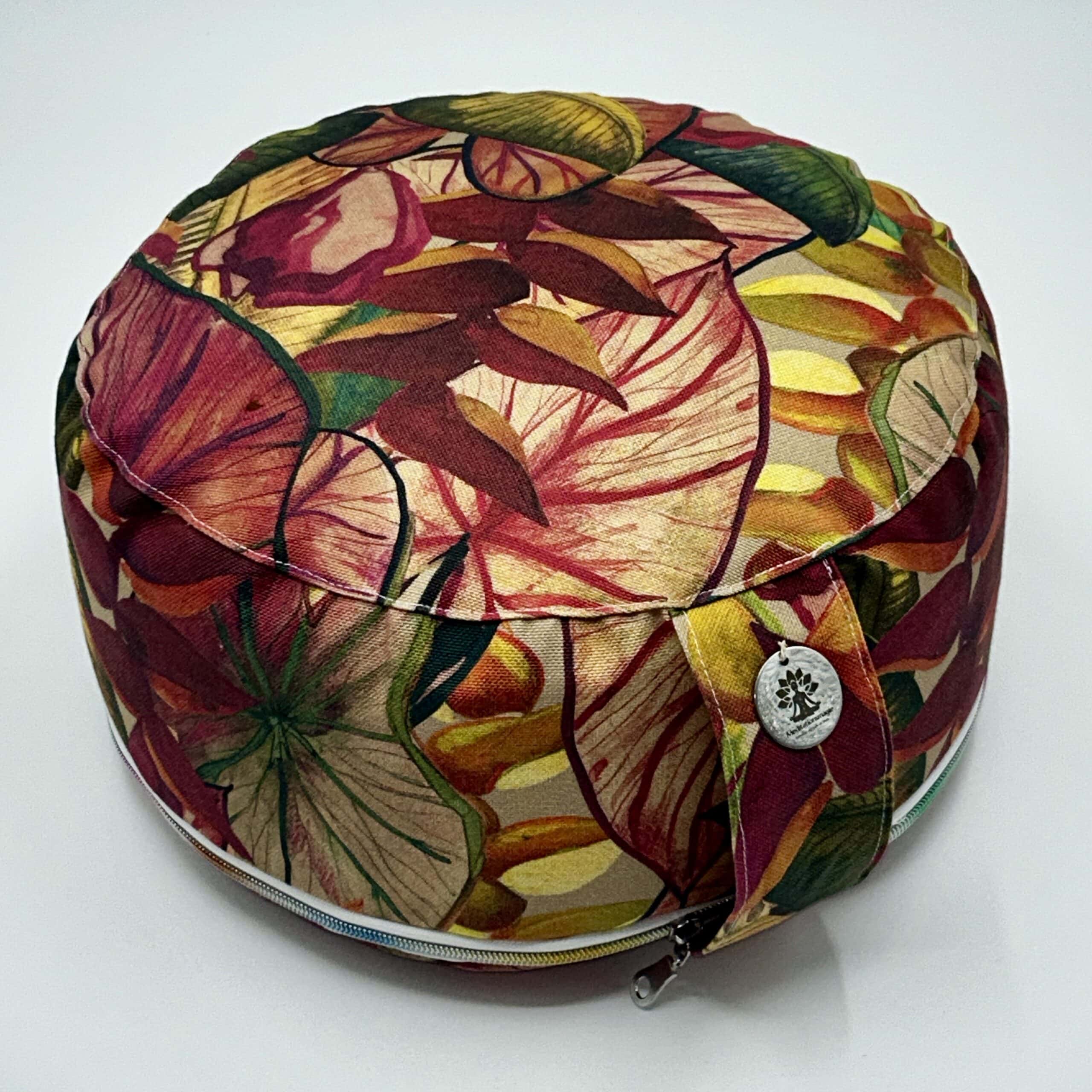 Meditationssitzkissen exotische Blätter/Wurzelchakra KAMINROT/LILA Oeko-Tex 100
